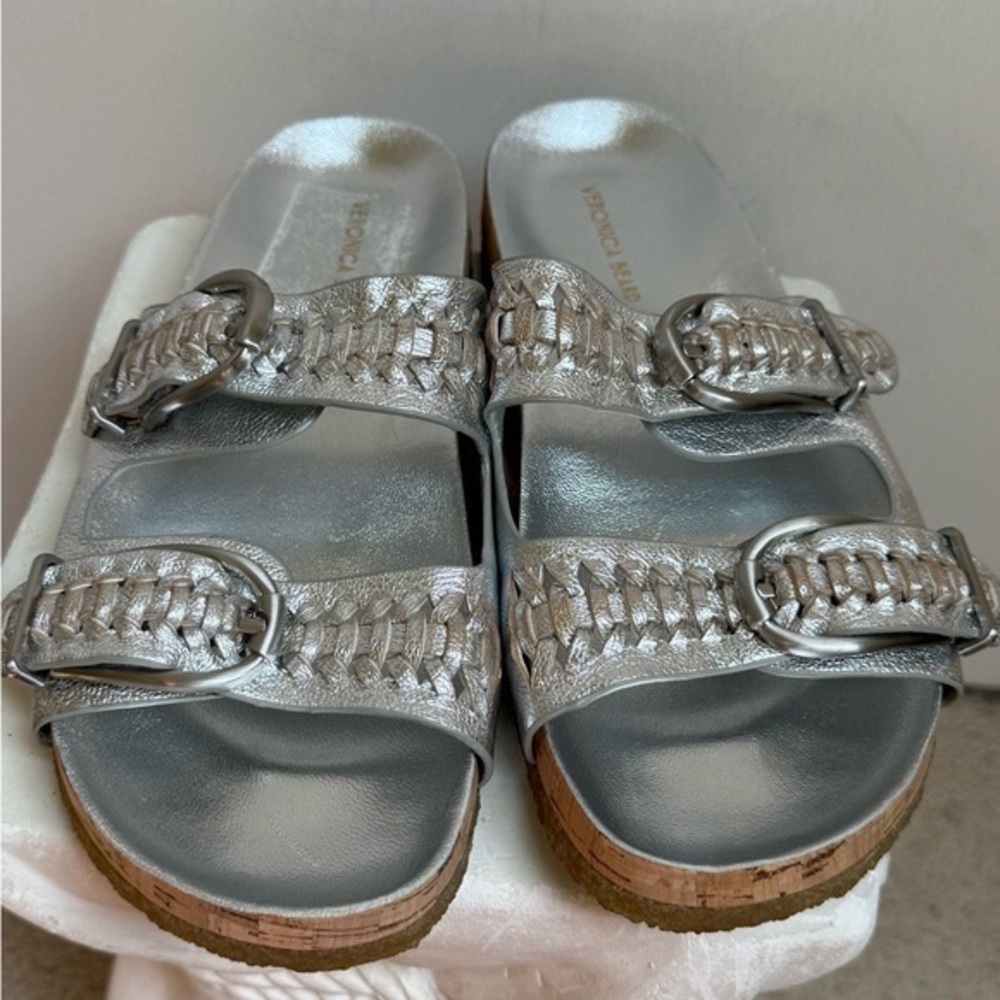 Veronica Beard Silver Slide Sandals